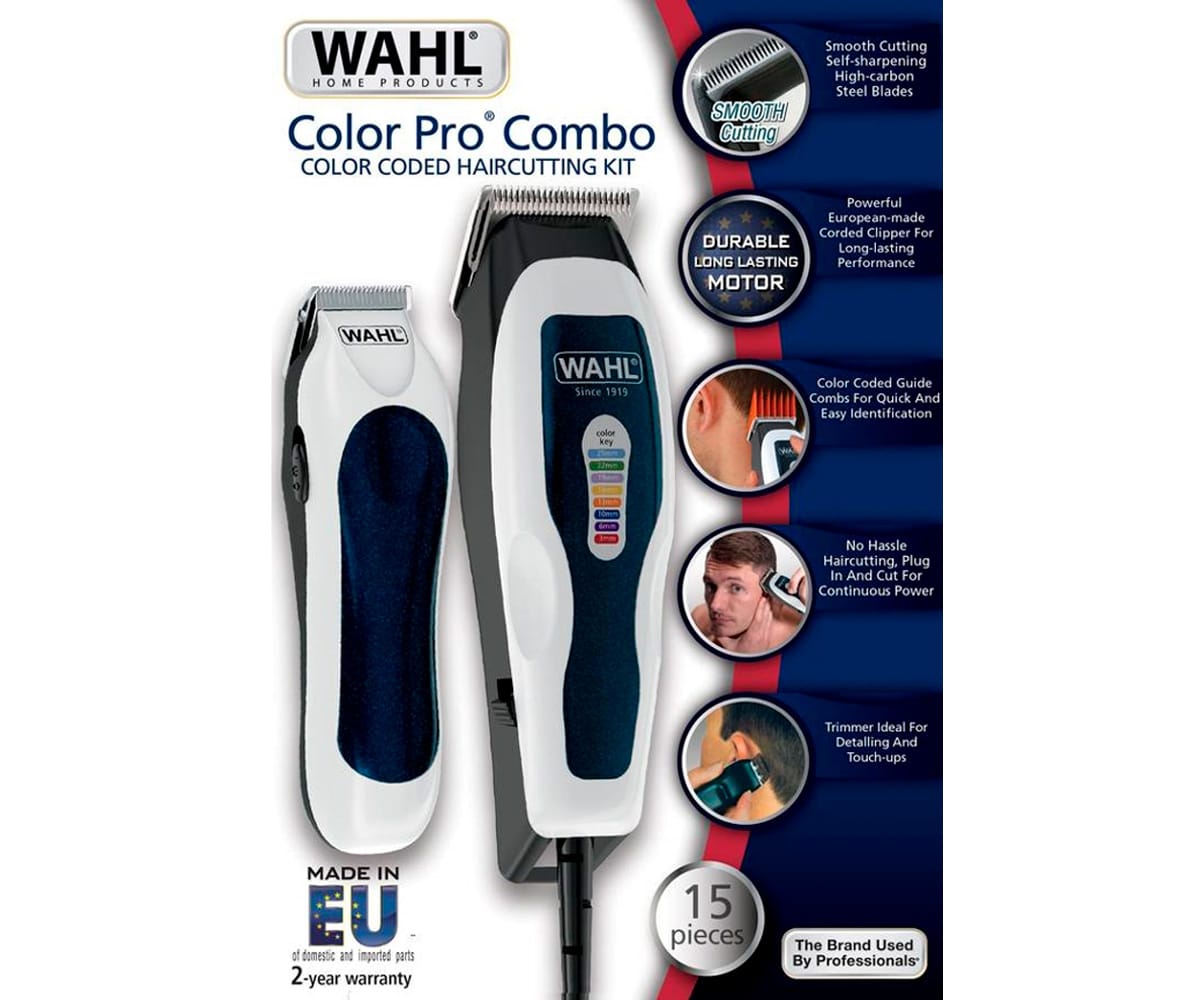 WAHL COLOR PRO COMBO BLANCO Y AZUL / KIT CORTAPELOS + RECORTADORA MINI + 8 PEINES - detalle