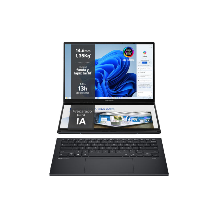 ASUS Zenbook Duo OLED UX8406CA-PZ152W - Ordenador Portátil 14" WQXGA+ 120Hz (Intel Core Ultra 9 285H. 32GB RAM. 1TB SSD. Arc 140T. Windows 11 Home) Gris Tintero - Teclado QWERTY español