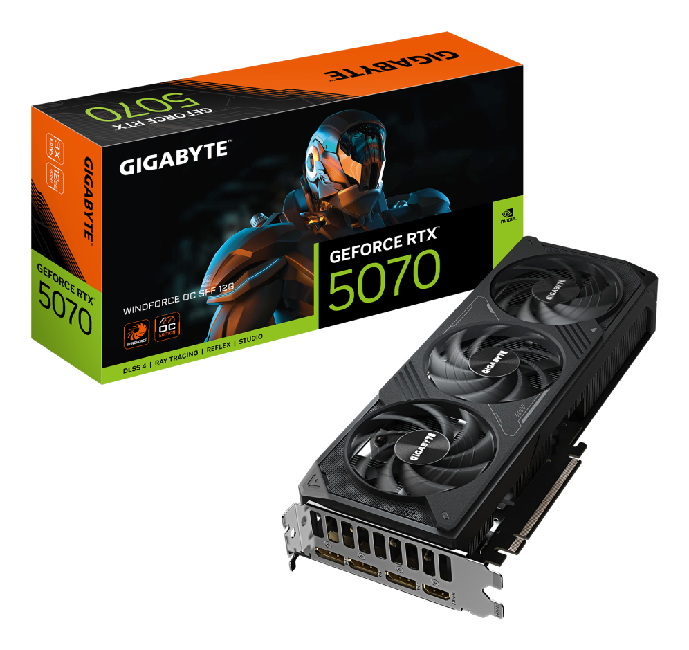 GIGABYTE GeForce RTX 5070 WINDFORCE OC SFF 12G Tarjeta Gráfica - 12GB GDDR7. 192 bits. PCI-E 5.0. 2542 MHz Core Clock. 3 x DP 2.1a. 1 x HDMI 2.1b. NVIDIA DLSS 4. GV-N5070WF3OC-12GD - detalle