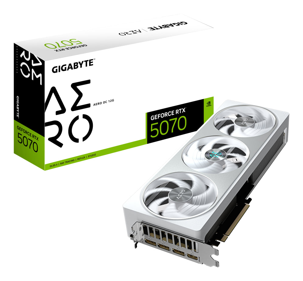 GIGABYTE GeForce RTX 5070 AERO OC 12G Tarjeta Gráfica - 12GB GDDR7. 192 bits. PCI-E 5.0. 2625 MHz Core Clock. 3 x DP 2.1a. 1 x HDMI 2.1b. NVIDIA DLSS 4. GV-N5070AERO OC-12GD
