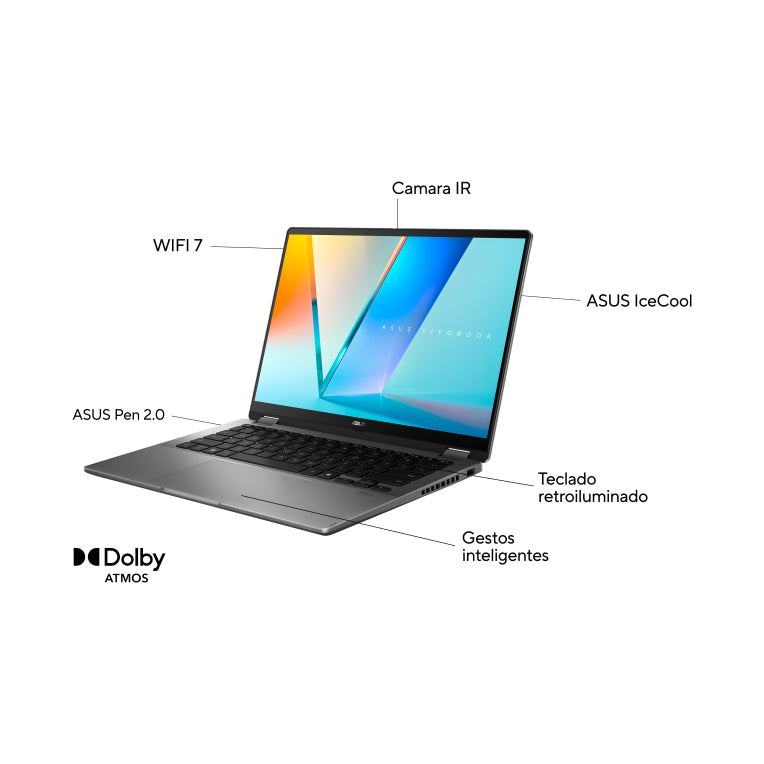 ASUS Vivobook 14 Flip OLED TP3407SA-QL064W Copilot+ PC - Ordenador Portátil 14" WUXGA (Intel Core Ultra 7 258V. 32GB RAM. 1TB SSD. Arc Graphics 140V. Windows 11 Home) Gris - Teclado QWERTY español