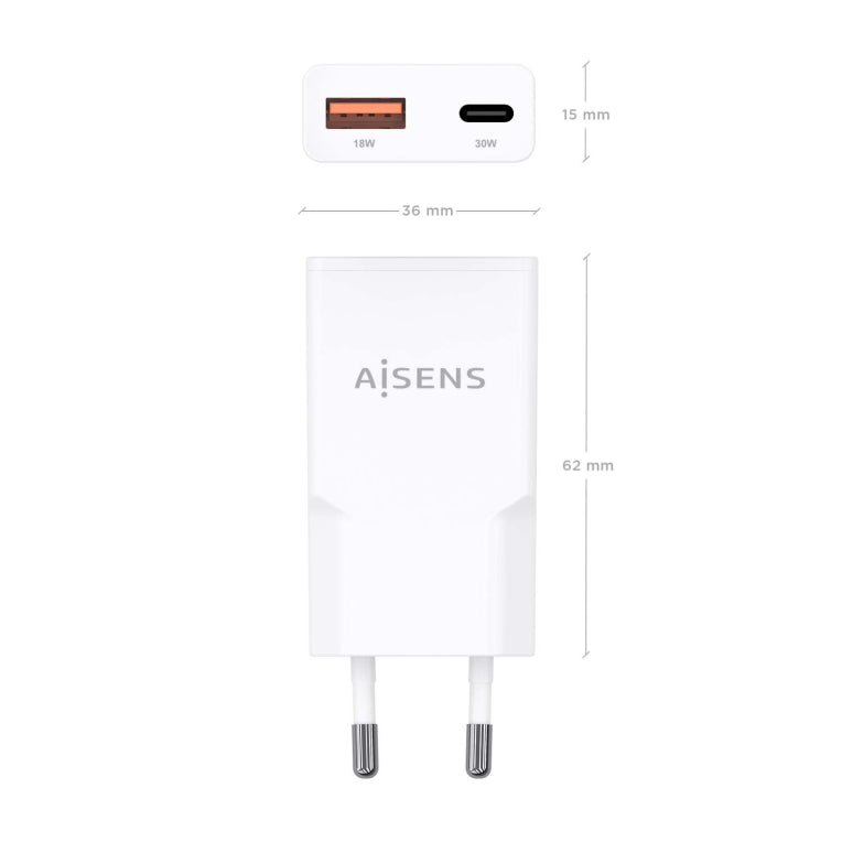 AISENS ASCH-30W2P046-W cargador de dispositivo móvil Cámara digital. MP3. MP4. Teléfono móvil. Navegante. Portátil. Consola de juegos portátil. Smartphone. Tableta. Universal Blanco Corriente alterna Carga rápida Interior
