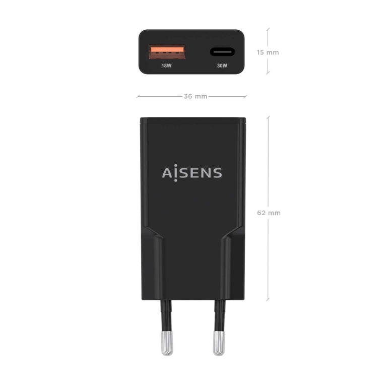 AISENS ASCH-30W2P047-BK cargador de dispositivo móvil Cámara digital. MP3. MP4. Teléfono móvil. Navegante. Portátil. Consola de juegos portátil. Smartphone. Tableta. Universal Negro Corriente alterna Carga rápida Interior
