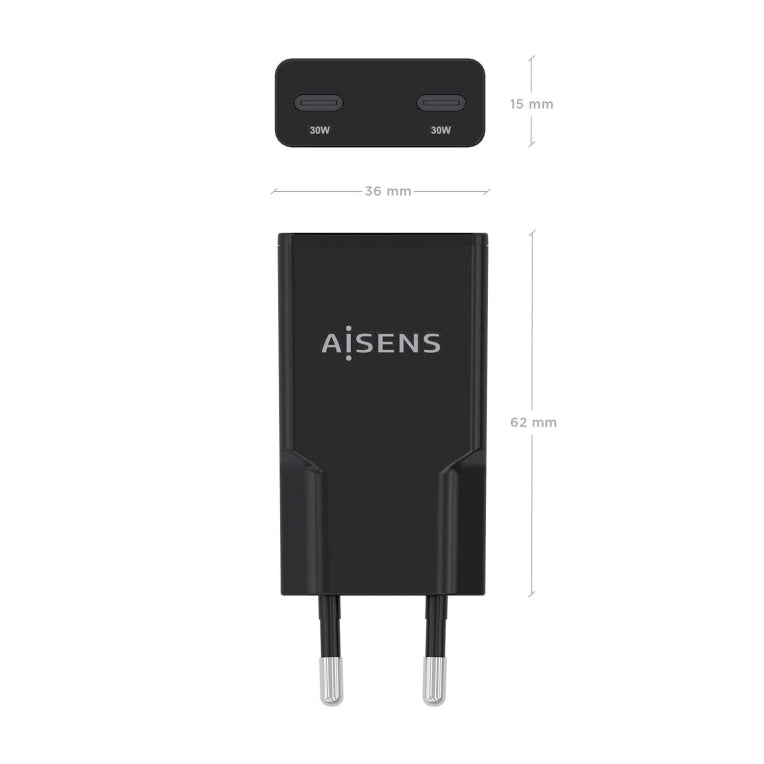 AISENS ASCH-30W2P049-BK cargador de dispositivo móvil Cámara digital. MP3. MP4. Teléfono móvil. Navegante. Portátil. Consola de juegos portátil. Smartphone. Tableta. Universal Negro Corriente alterna Carga rápida Interior
