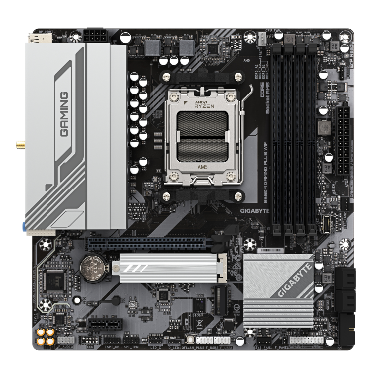 GIGABYTE B650M GAMING PLUS WIFI Placa base - Procesadores AMD Ryzen 9000. VRM de 5+2+2 fases. hasta 8000 MHz DDR5. 2xPCIe 4.0 M.2. LAN 2.5GbE. WIFI 6E. USB 3.2 Gen 1 - detalle