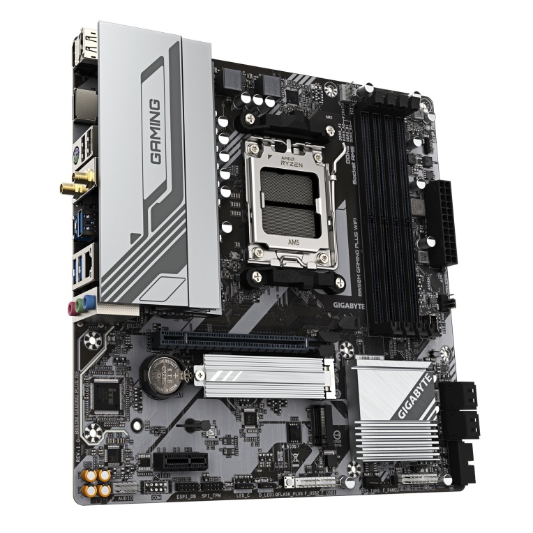 GIGABYTE B650M GAMING PLUS WIFI Placa base - Procesadores AMD Ryzen 9000. VRM de 5+2+2 fases. hasta 8000 MHz DDR5. 2xPCIe 4.0 M.2. LAN 2.5GbE. WIFI 6E. USB 3.2 Gen 1 - detalle