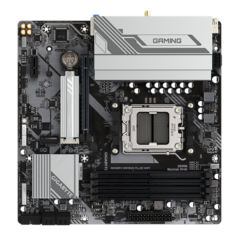 GIGABYTE B650M GAMING PLUS WIFI Placa base - Procesadores AMD Ryzen 9000. VRM de 5+2+2 fases. hasta 8000 MHz DDR5. 2xPCIe 4.0 M.2. LAN 2.5GbE. WIFI 6E. USB 3.2 Gen 1 - detalle