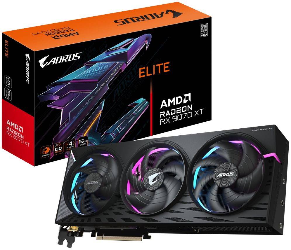 GIGABYTE AORUS Radeon RX 9070 XT ELITE 16G Tarjeta Gráfica - 16GB GDDR6. 256 bits. PCI-E 5.0. 3100 MHz Frecuencia Base. 2 x DisplayPort. 2 x HDMI. GV-R9070XTAORUS E-16GD - detalle