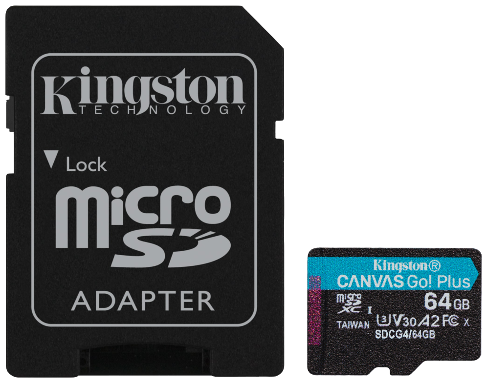 Kingston Technology Tarjeta microSDXC Canvas Go Plus Gen4 de 64 GB. 200 MB/s. A2 U3 V30 y adaptador - detalle