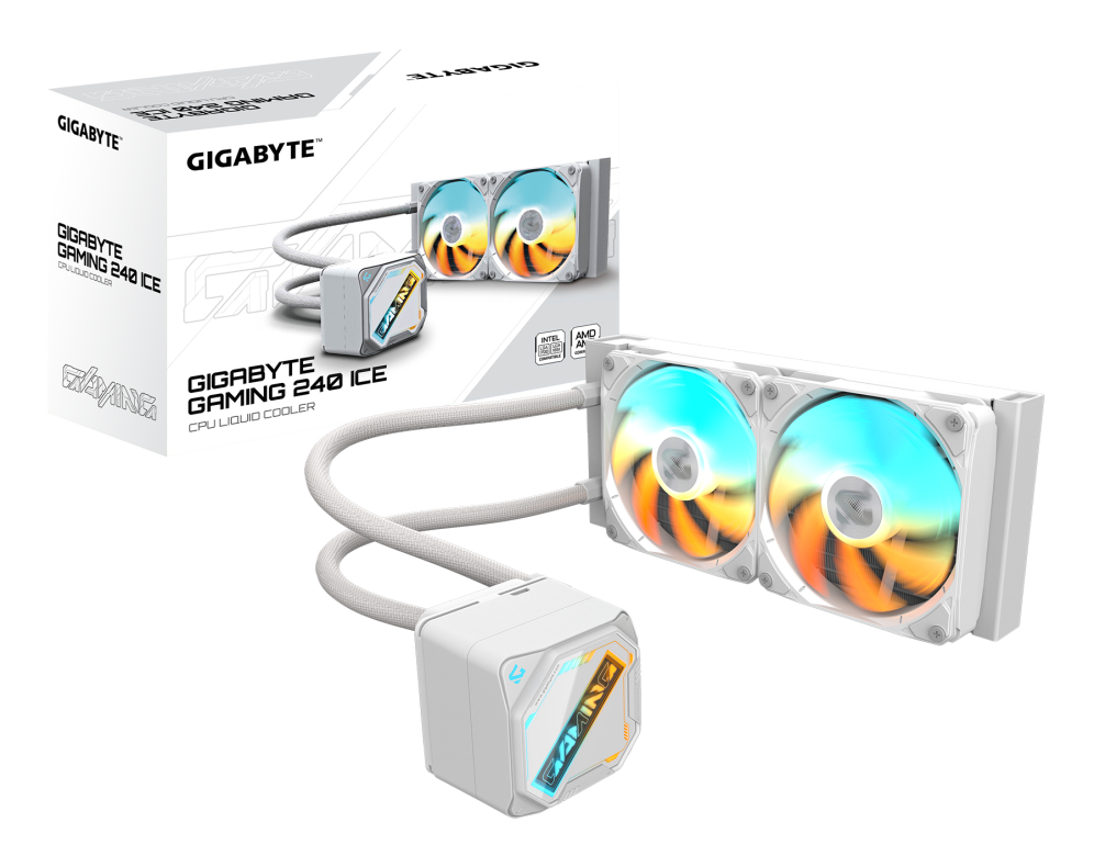 GIGABYTE GAMING 240 ICE Refrigeración Líquida para CPU - 2x120mm Ventiladores ARGB. mecanismo de enclavamiento deslizante. DAISY-CHAIN. Compatible con Intel LGA 1851 y AMD AM5 - detalle