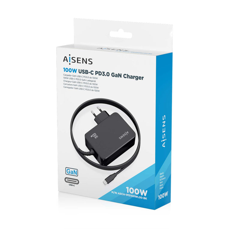 AISENS ASCH-1PD100WL50-BK cargador de dispositivo móvil Cámara digital. GPS. Teléfono móvil. Portátil. Smartphone. Tableta. Universal Corriente alterna Carga rápida Interior