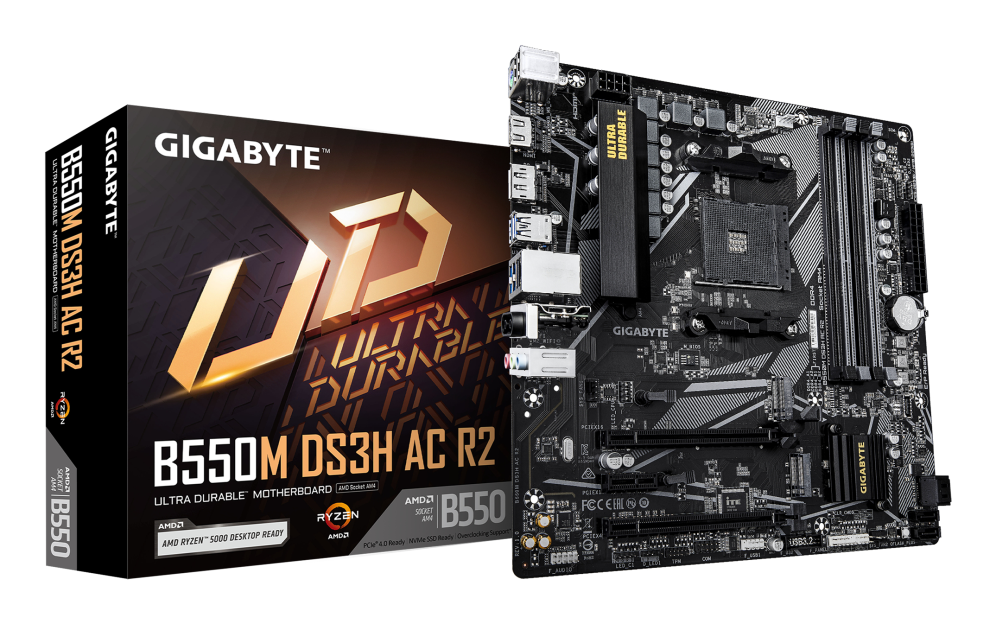 GIGABYTE B550M DS3H AC R2 Placa base - Procesadores AMD Ryzen 5000. VRM de 5+3 fases. hasta 4733 MHz DDR4 (O.C.). 1x M.2 PCIe 4.0 + 1x M.2 PCIe 3.0. Wi-Fi 5. LAN 1 GbE. USB 3.2 Gen 1 - detalle