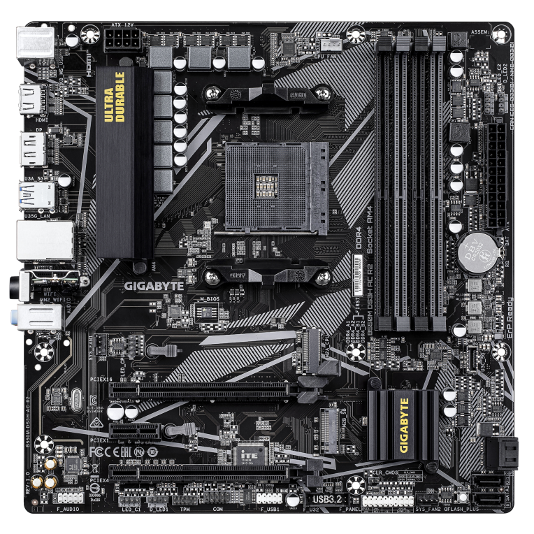 GIGABYTE B550M DS3H AC R2 Placa base - Procesadores AMD Ryzen 5000. VRM de 5+3 fases. hasta 4733 MHz DDR4 (O.C.). 1x M.2 PCIe 4.0 + 1x M.2 PCIe 3.0. Wi-Fi 5. LAN 1 GbE. USB 3.2 Gen 1 - detalle