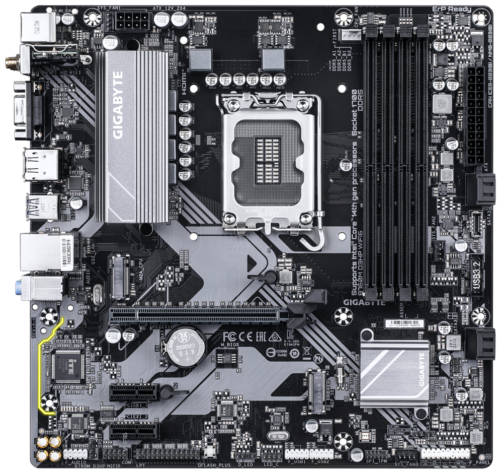 GIGABYTE B760M D3HP WIFI6 Placa base - Compatible con procesadores Intel Core 14ª generación. VRM digital de 4+1+1 fases. hasta 5600 MHz DDR5. 2x M.2 PCIe 4.0. Wi-Fi 6. LAN GbE. USB 3.2 Gen 1 - detalle