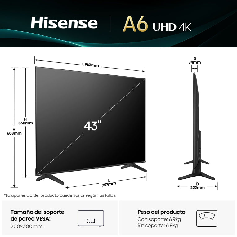 Hisense 43A6Q Televisor 109.2 cm (43") 4K Ultra HD Smart TV Wifi Negro 300 cd / m²
