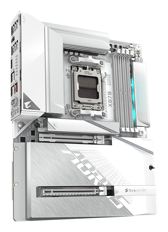 GIGABYTE X870 AORUS STEALTH ICE Placa Base - Compatible con procesadores AMD Ryzen 9000. VRM digital de 16+2+2 fases. hasta 8200 MHz DDR5 (OC). 2 x PCIe 5.0 + 2 x PCIe 4.0. Wi-Fi 7. LAN 5 GbE. USB 4 - detalle