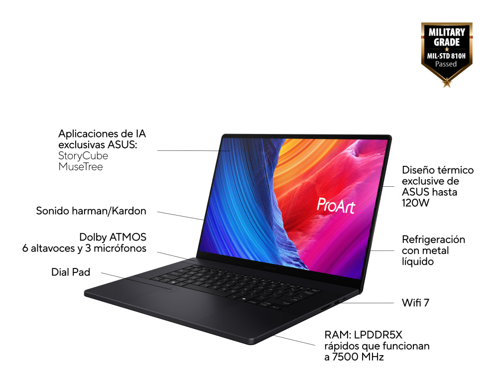 ASUS ProArt P16 OLED H7606WP-SC104W - Ordenador Portátil 16" WQUXGA (AMD Ryzen AI 9 HX 370. 32GB RAM. 100GB SSD. NVIDIA RTX 5070 8GB. Windows 11 Home) Negro Nano - Teclado QWERTY español