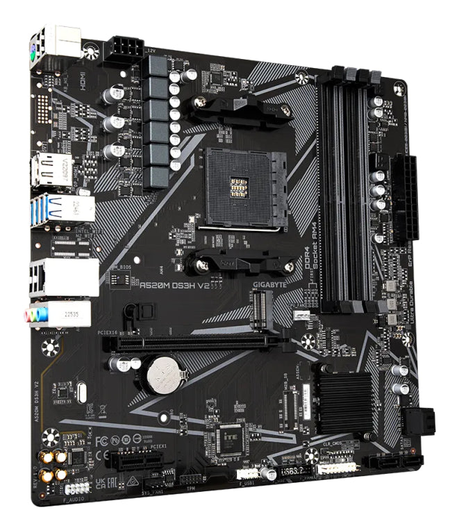 Placa base GIGABYTE A520M DS3H V2: compatible con CPU AM4 AMD Ryzen serie 5000. DDR4 (OC) de ata 4733 MHz. PCIe 3.0 x16. LAN GbE. USB 3.2 Gen 1.