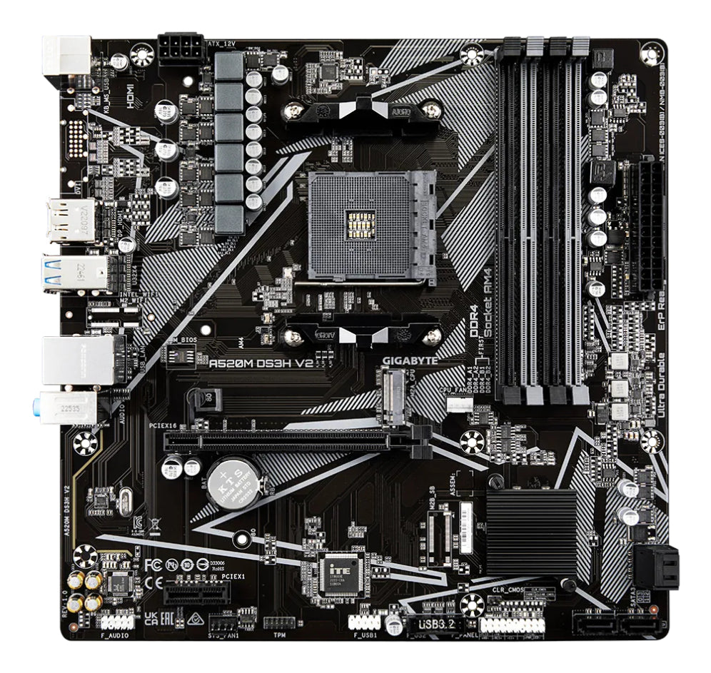 Placa base GIGABYTE A520M DS3H V2: compatible con CPU AM4 AMD Ryzen serie 5000. DDR4 (OC) de ata 4733 MHz. PCIe 3.0 x16. LAN GbE. USB 3.2 Gen 1.