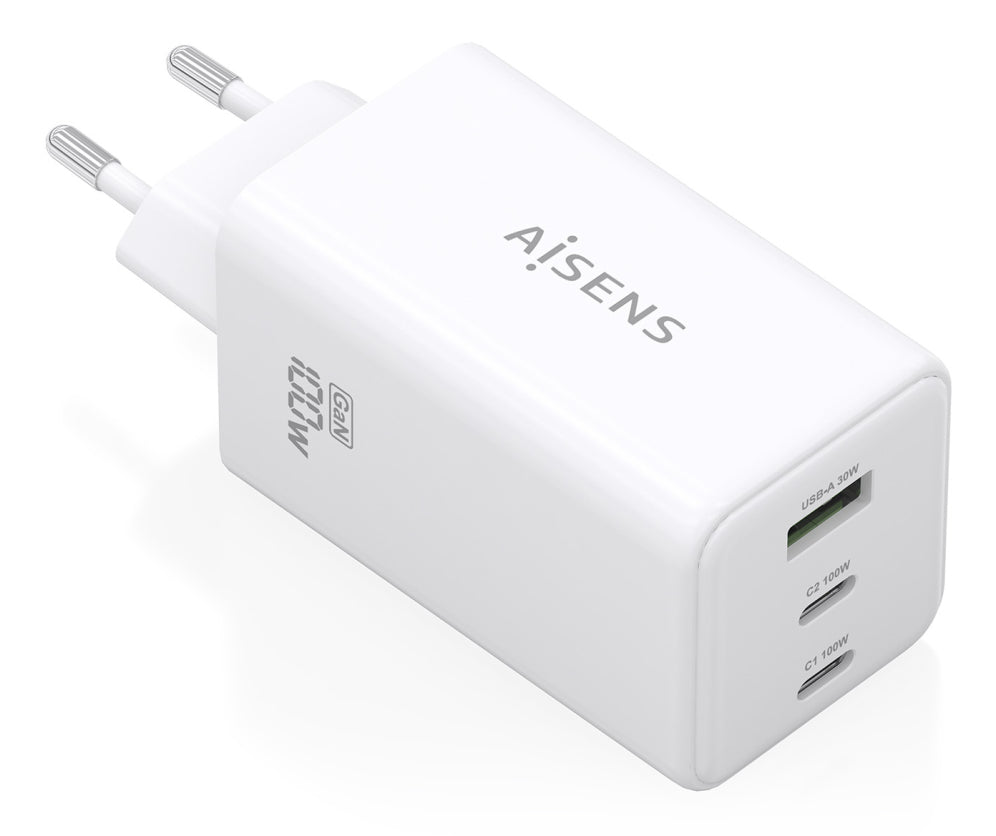 AISENS Cargador GaN 100W. 2x USB-C PD3.0 QC4.0 QC5.0. 1x USB-A QC3.0. Blanco