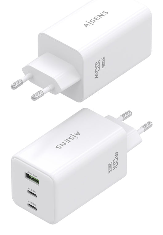 AISENS Cargador GaN 100W. 2x USB-C PD3.0 QC4.0 QC5.0. 1x USB-A QC3.0. Blanco