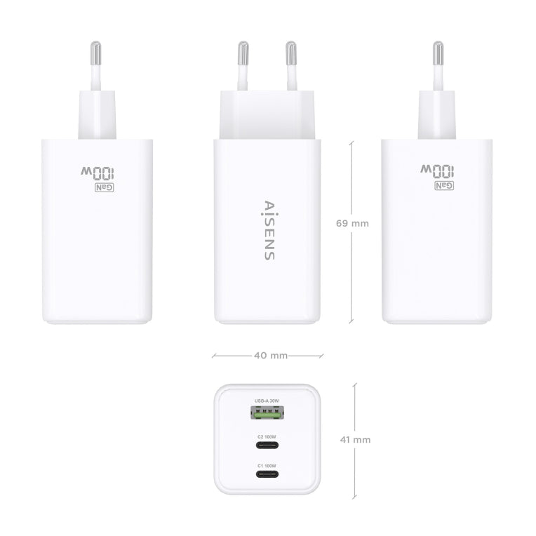 AISENS Cargador GaN 100W. 2x USB-C PD3.0 QC4.0 QC5.0. 1x USB-A QC3.0. Blanco
