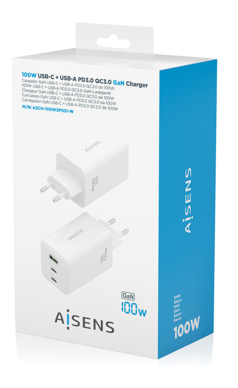 AISENS Cargador GaN 100W. 2x USB-C PD3.0 QC4.0 QC5.0. 1x USB-A QC3.0. Blanco