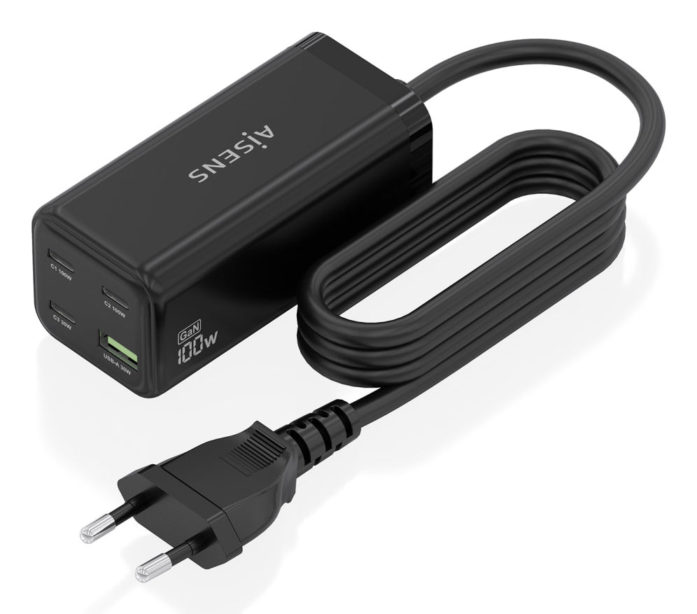 AISENS Cargador Sobremesa GaN 100W. 3x USB-C PD3.0 QC4.0 QC5.0. 1x USB-A QC3.0. Negro