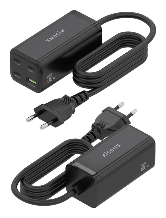 AISENS Cargador Sobremesa GaN 100W. 3x USB-C PD3.0 QC4.0 QC5.0. 1x USB-A QC3.0. Negro