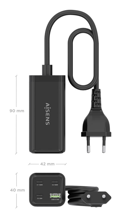 AISENS Cargador Sobremesa GaN 100W. 3x USB-C PD3.0 QC4.0 QC5.0. 1x USB-A QC3.0. Negro