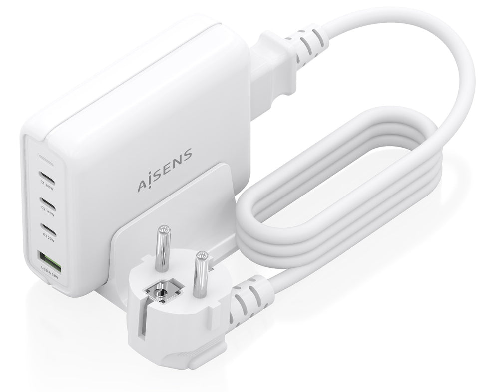 AISENS Cargador Sobremesa GaN 140W. 3x USB-C PD3.1 QC4.0 QC5.0. 1x USB-A QC3.0. Blanco