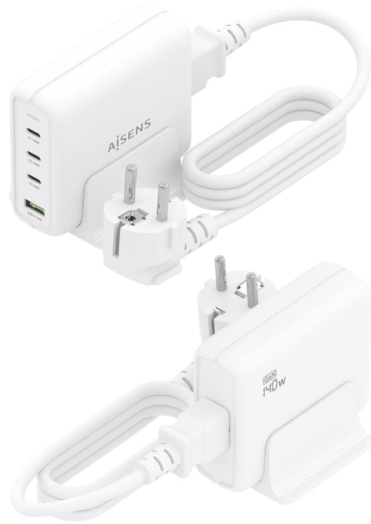 AISENS Cargador Sobremesa GaN 140W. 3x USB-C PD3.1 QC4.0 QC5.0. 1x USB-A QC3.0. Blanco