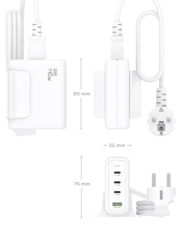 AISENS Cargador Sobremesa GaN 140W. 3x USB-C PD3.1 QC4.0 QC5.0. 1x USB-A QC3.0. Blanco