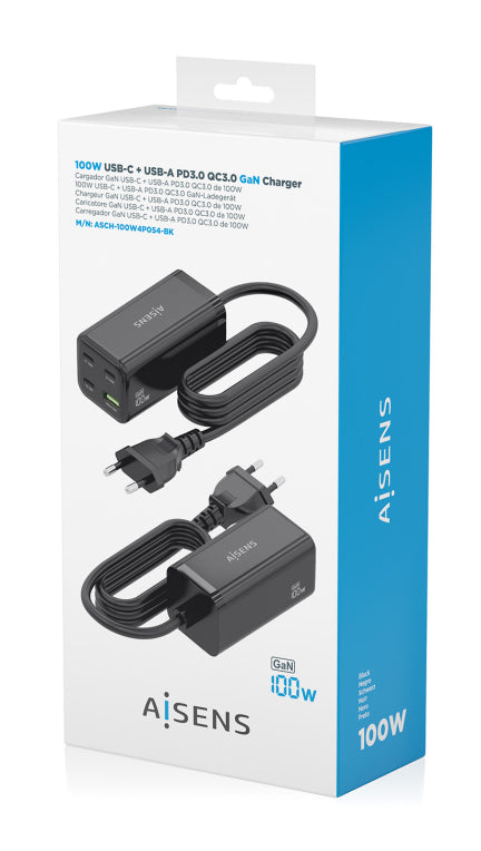 AISENS Cargador Sobremesa GaN 100W. 3x USB-C PD3.0 QC4.0 QC5.0. 1x USB-A QC3.0. Negro