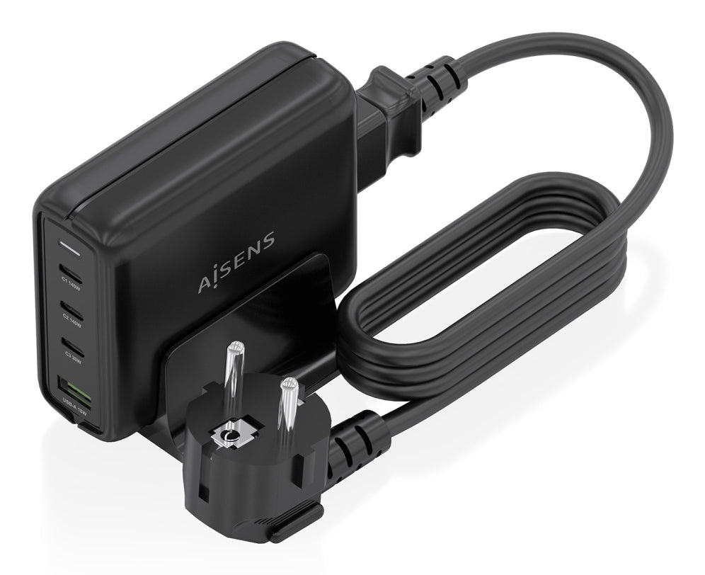 AISENS Cargador Sobremesa GaN 140W. 3x USB-C PD3.1 QC4.0 QC5.0. 1x USB-A QC3.0. Negro