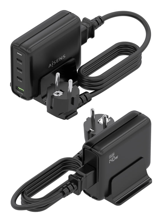 AISENS Cargador Sobremesa GaN 140W. 3x USB-C PD3.1 QC4.0 QC5.0. 1x USB-A QC3.0. Negro