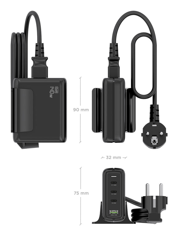 AISENS Cargador Sobremesa GaN 140W. 3x USB-C PD3.1 QC4.0 QC5.0. 1x USB-A QC3.0. Negro
