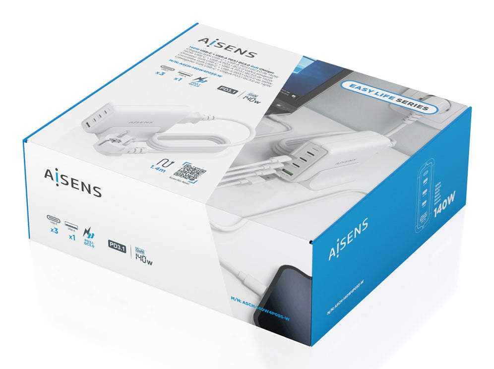 AISENS Cargador Sobremesa GaN 140W. 3x USB-C PD3.1 QC4.0 QC5.0. 1x USB-A QC3.0. Blanco