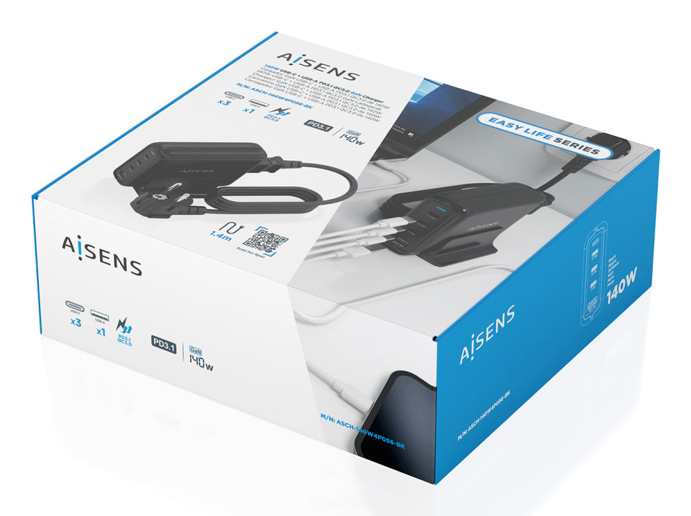 AISENS Cargador Sobremesa GaN 140W. 3x USB-C PD3.1 QC4.0 QC5.0. 1x USB-A QC3.0. Negro