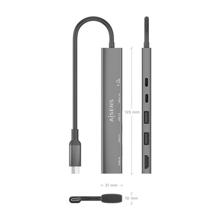 AISENS ASUC-5P022-GR base para portátil y replicador de puertos Alámbrico USB 3.2 Gen 1 (3.1 Gen 1) Type-C