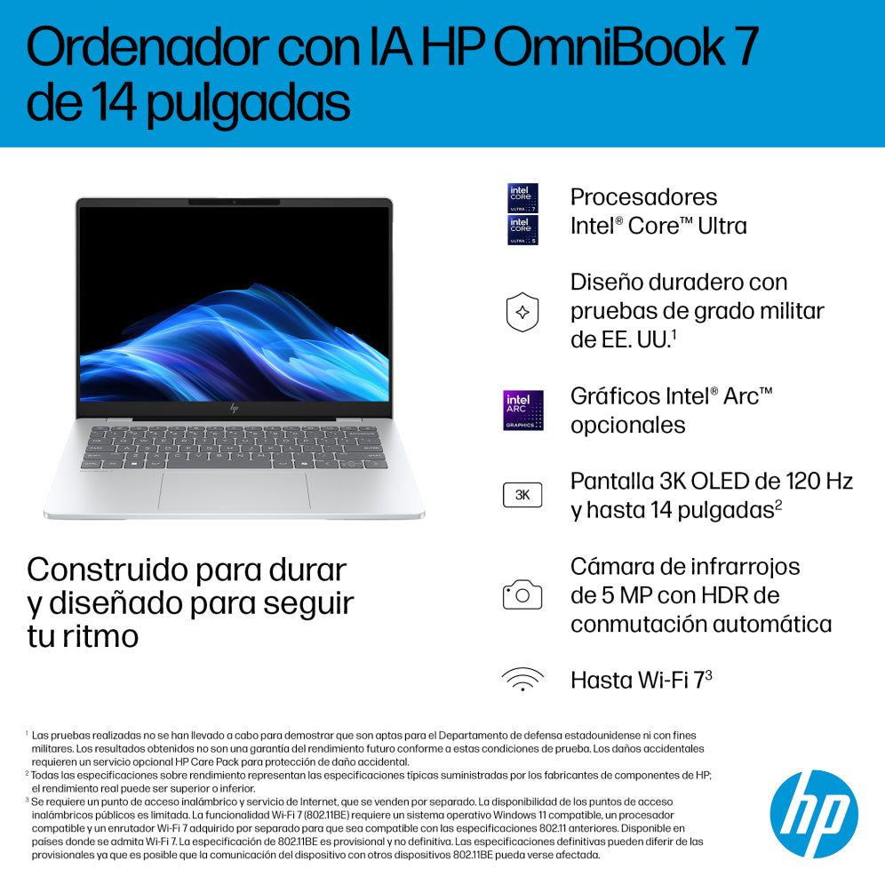 HP OmniBook 7 AI 14-fr0011ns Intel Core Ultra 5 225U Portátil 35.6 cm (14") 2K 16 GB LPDDR5-SDRAM 1 TB SSD Wi-Fi 7 (802.11be) Windows 11 Home AI PC Plata