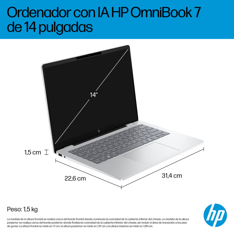 HP OmniBook 7 AI 14-fr0011ns Intel Core Ultra 5 225U Portátil 35.6 cm (14") 2K 16 GB LPDDR5-SDRAM 1 TB SSD Wi-Fi 7 (802.11be) Windows 11 Home AI PC Plata