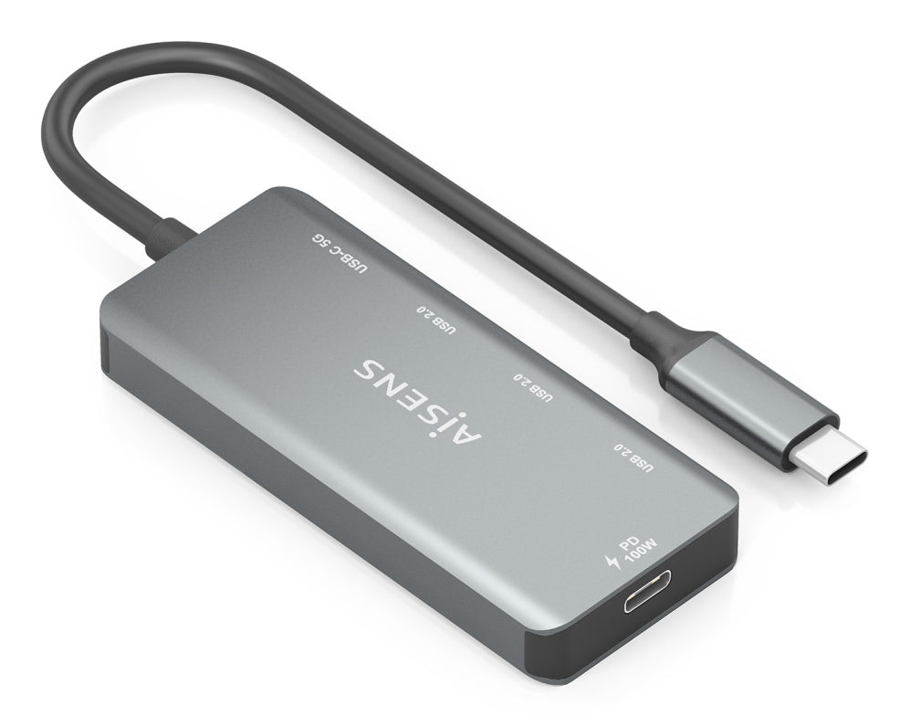 AISENS Hub USB 3.1 USB-C. USB-C/M-1xUSB-C PD 100W+1xUSB-C USB3.0/H+3xUSB-A USB2.0/H. Gris. 15cm