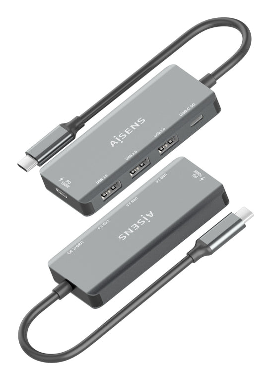AISENS Hub USB 3.1 USB-C. USB-C/M-1xUSB-C PD 100W+1xUSB-C USB3.0/H+3xUSB-A USB2.0/H. Gris. 15cm