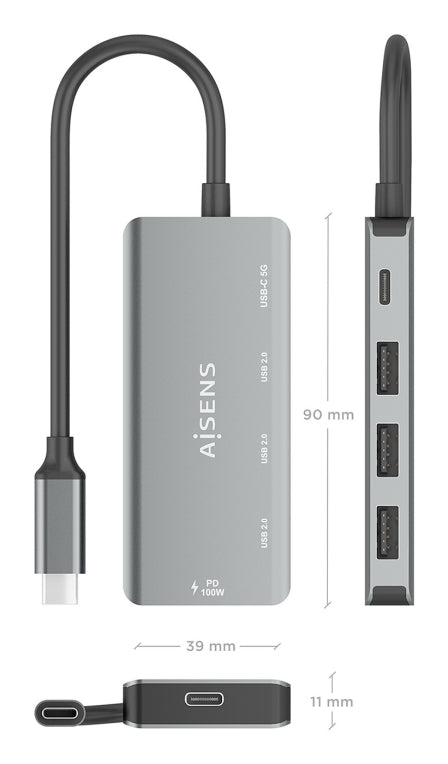 AISENS Hub USB 3.1 USB-C. USB-C/M-1xUSB-C PD 100W+1xUSB-C USB3.0/H+3xUSB-A USB2.0/H. Gris. 15cm
