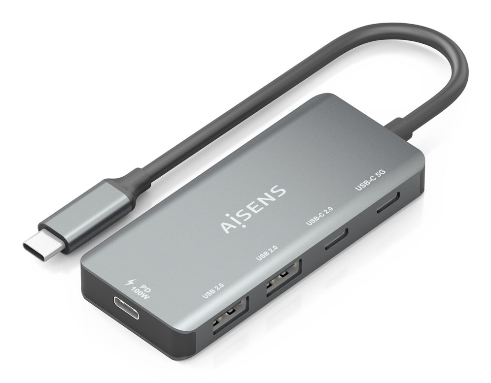 AISENS Hub USB 3.1 USB-C. USB-C/M-1xUSB-C PD 100W+1xUSB-C USB3.0/H+1xUSB-C USB2.0/H+2xUSB-A USB2.0/H. Gris. 15cm