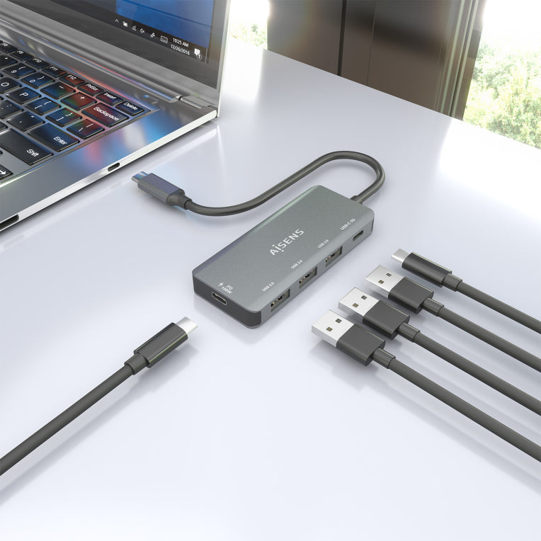 AISENS Hub USB 3.1 USB-C. USB-C/M-1xUSB-C PD 100W+1xUSB-C USB3.0/H+3xUSB-A USB2.0/H. Gris. 15cm