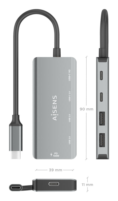 AISENS Hub USB 3.1 USB-C. USB-C/M-1xUSB-C PD 100W+1xUSB-C USB3.0/H+1xUSB-C USB2.0/H+2xUSB-A USB2.0/H. Gris. 15cm