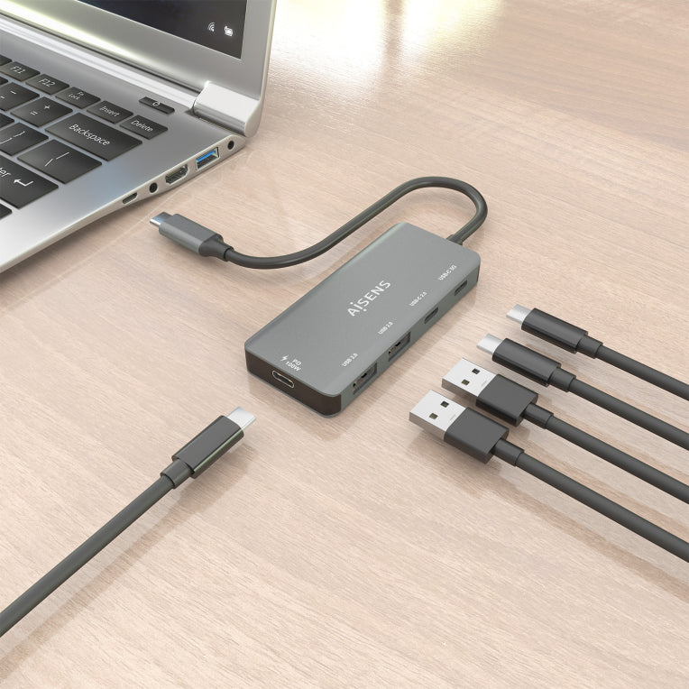 AISENS Hub USB 3.1 USB-C. USB-C/M-1xUSB-C PD 100W+1xUSB-C USB3.0/H+1xUSB-C USB2.0/H+2xUSB-A USB2.0/H. Gris. 15cm