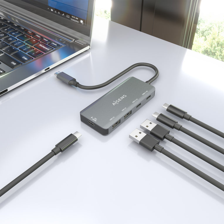 AISENS Hub USB 3.1 USB-C. USB-C/M-1xUSB-C PD 100W+1xUSB-C USB3.0/H+1xUSB-C USB2.0/H+2xUSB-A USB2.0/H. Gris. 15cm